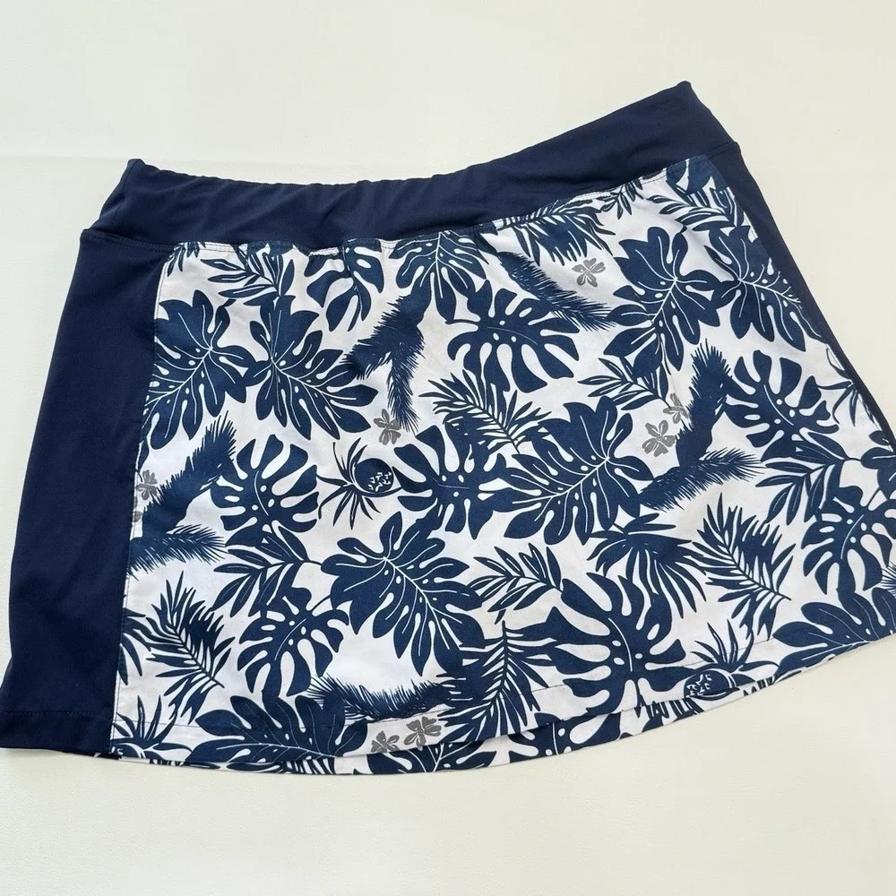 Fullsand Tropical Monstera Print Swim Skort‎ Womens Large Navy White Coastal